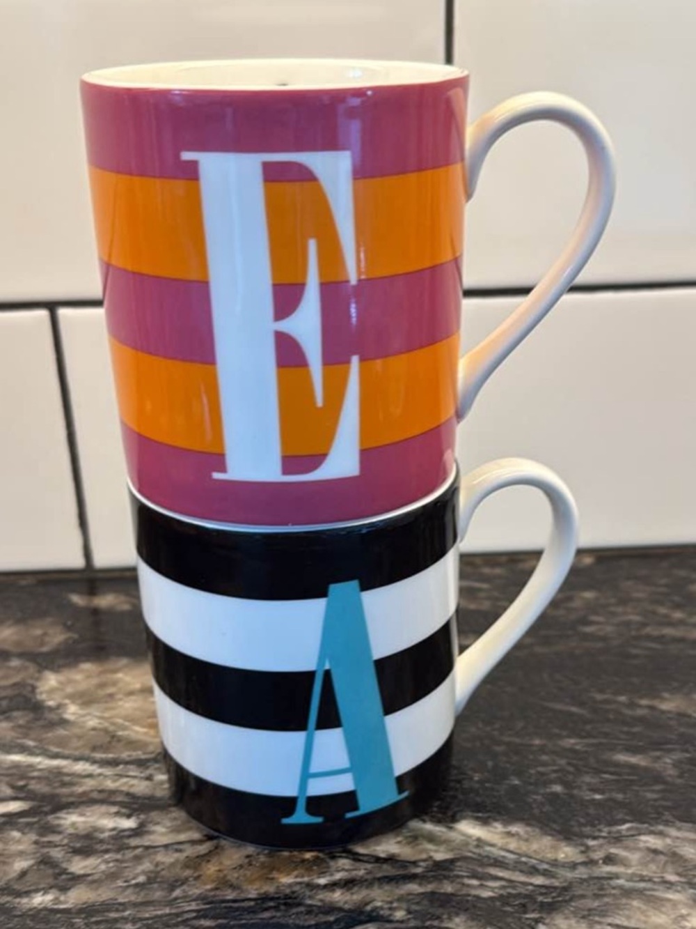 Kate Spade + Lenox Wickford Red Letter Day Striped Monogram Ceramic Mugs - Picture 5 of 7